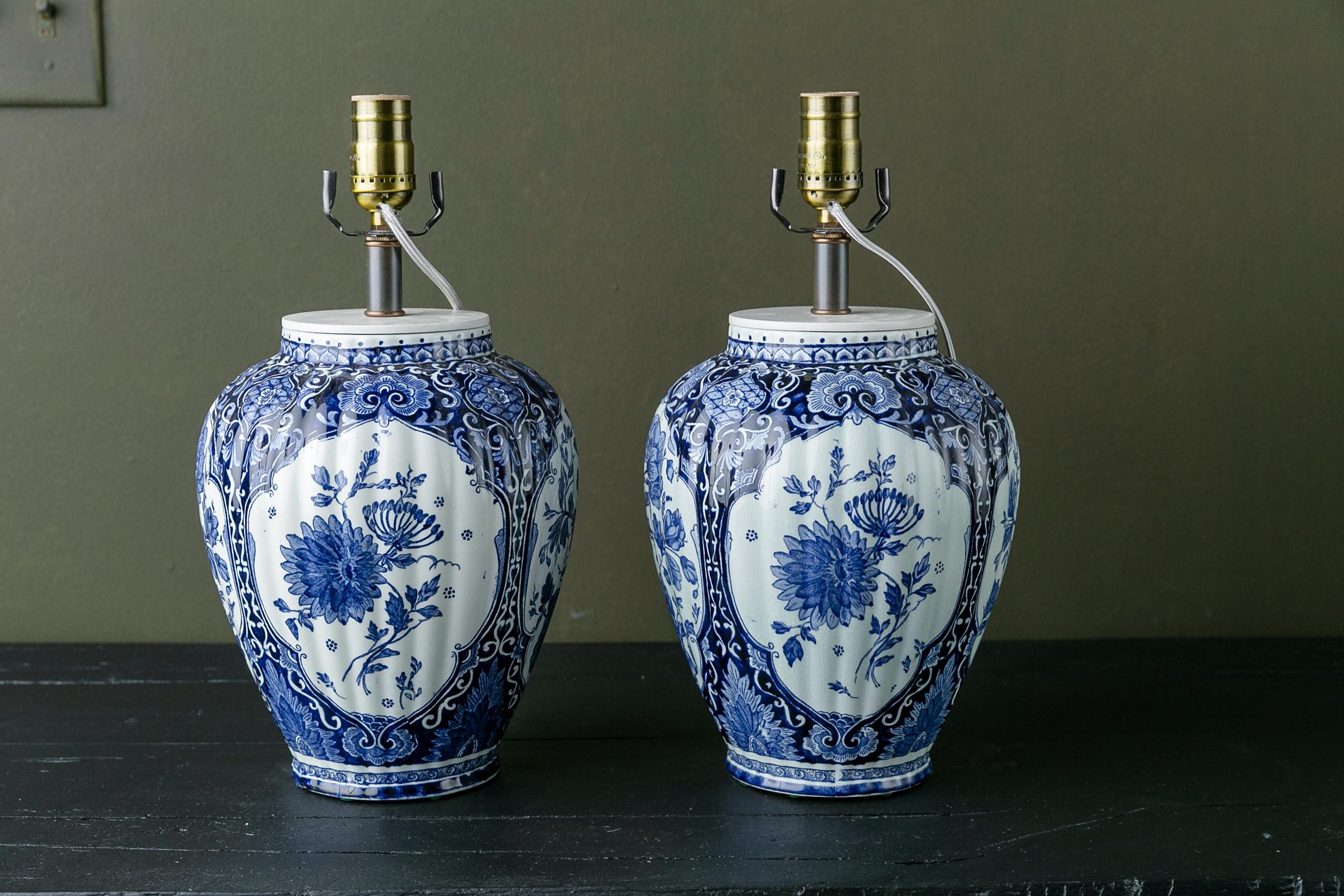 Dutch Pair of Hand Painted Blue and White Delft Table Lamps