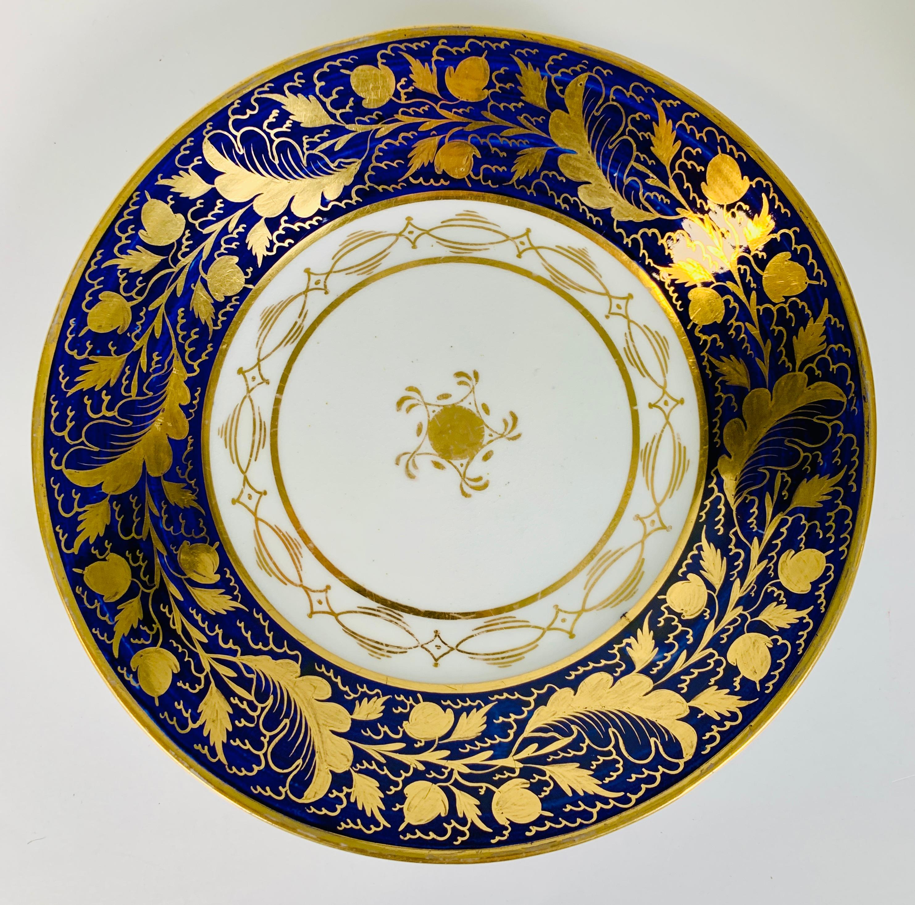 An exquisite pair of gold-on-blue New Hall porcelain dishes made in England circa 1790.
The gilding was done by hand.
The design of these dishes features gold decoration of acorns and oak leaves on a deep cobalt blue ground (see images).
Dimensions: