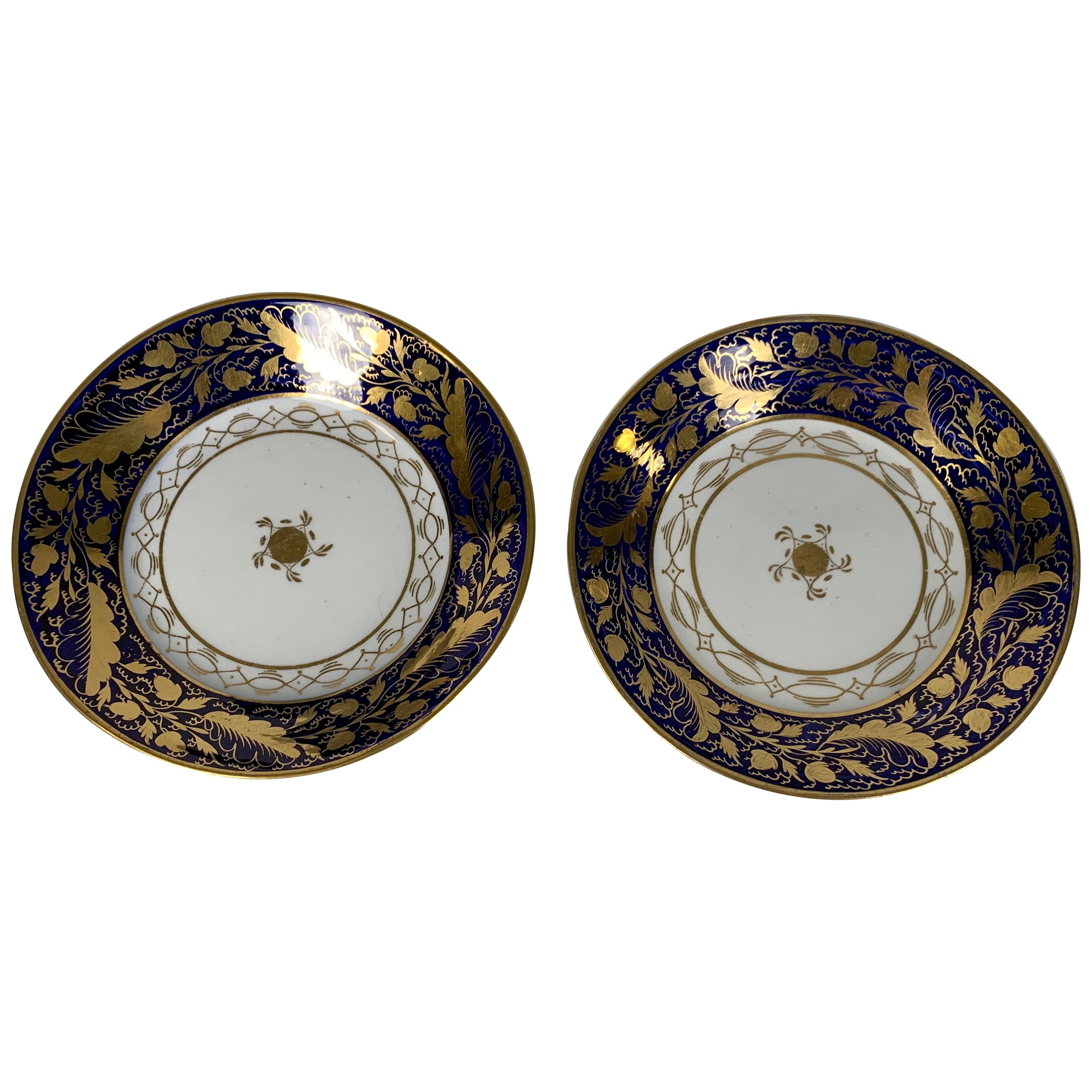 Pair Hand-Painted Blue & Gold Antique Porcelain Dishes, Late 18th Century c-1790