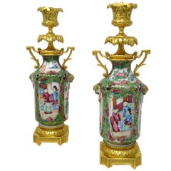 Antique Pair Hand Painted Cantonese Famille Rose Chinese Porcelain Ormolu Candlesticks