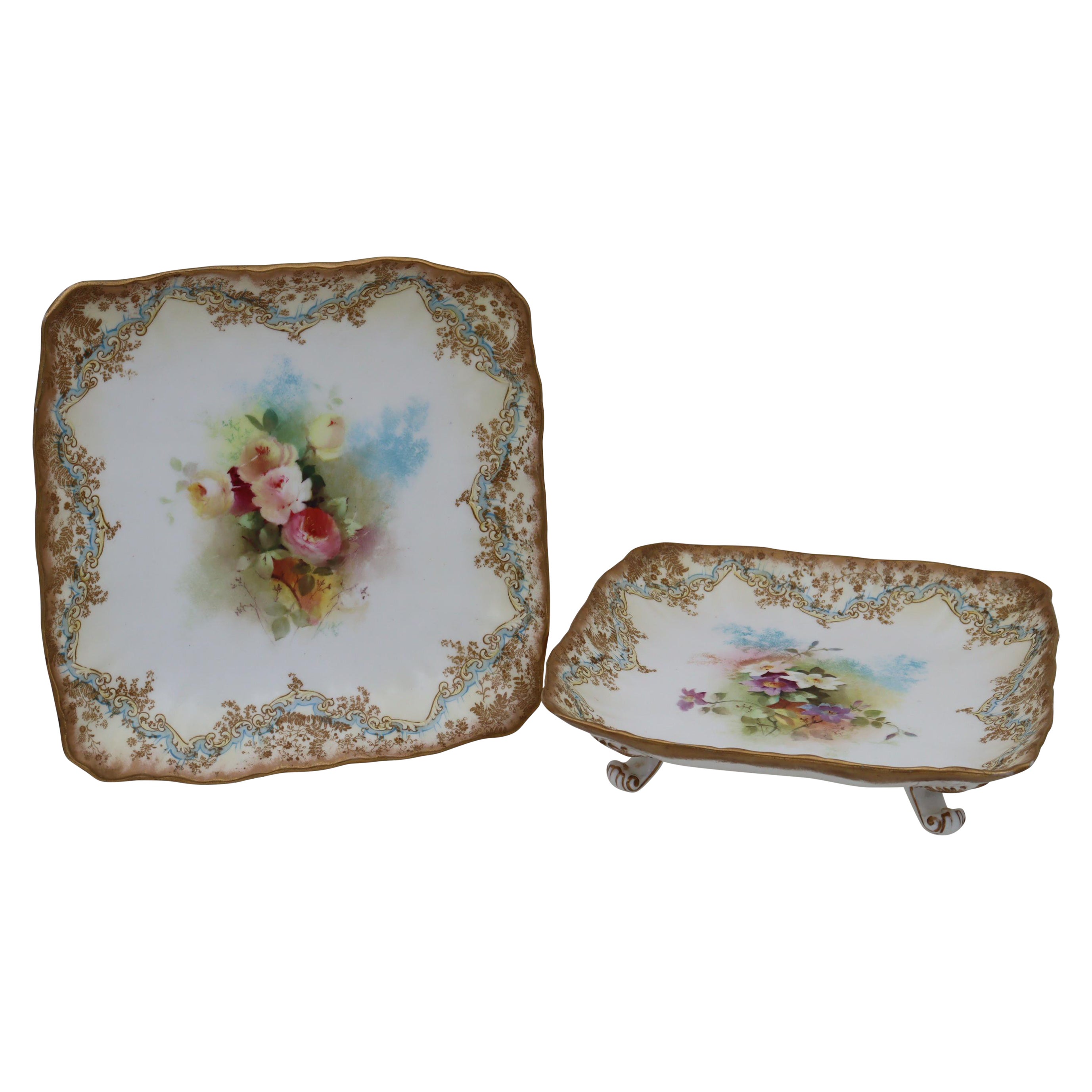 Pair hand painted Doulton Burslem footed bowls For Sale