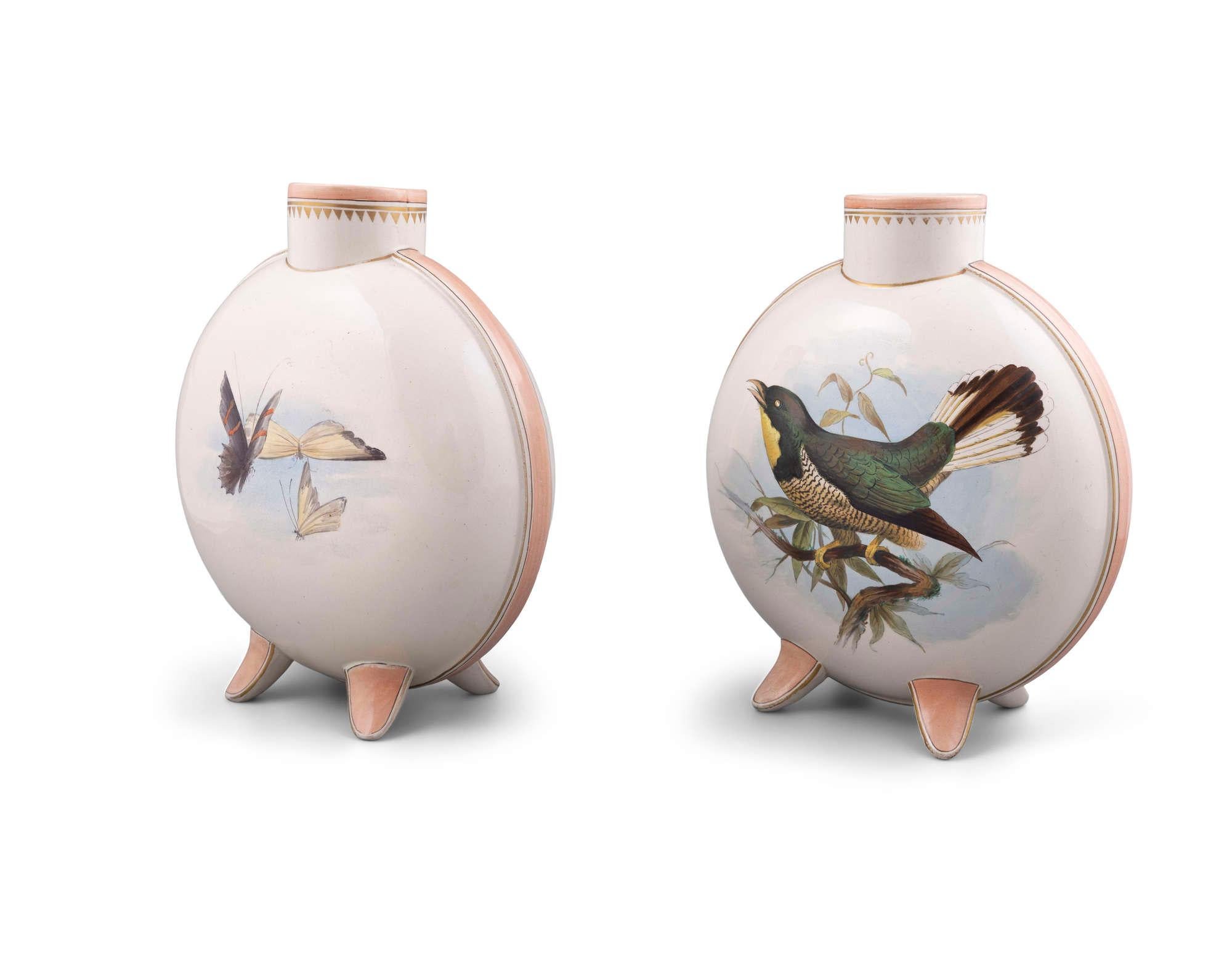 These are a beautiful Pair of Very Rare ‘Ceramic and Crystal Palace art Union’ Moon Vases dating to Circa 1870 and superbly painted with Bird and Butterfly detail. The Art Unions were popular in Victorian times in London but the C & CP was unusual