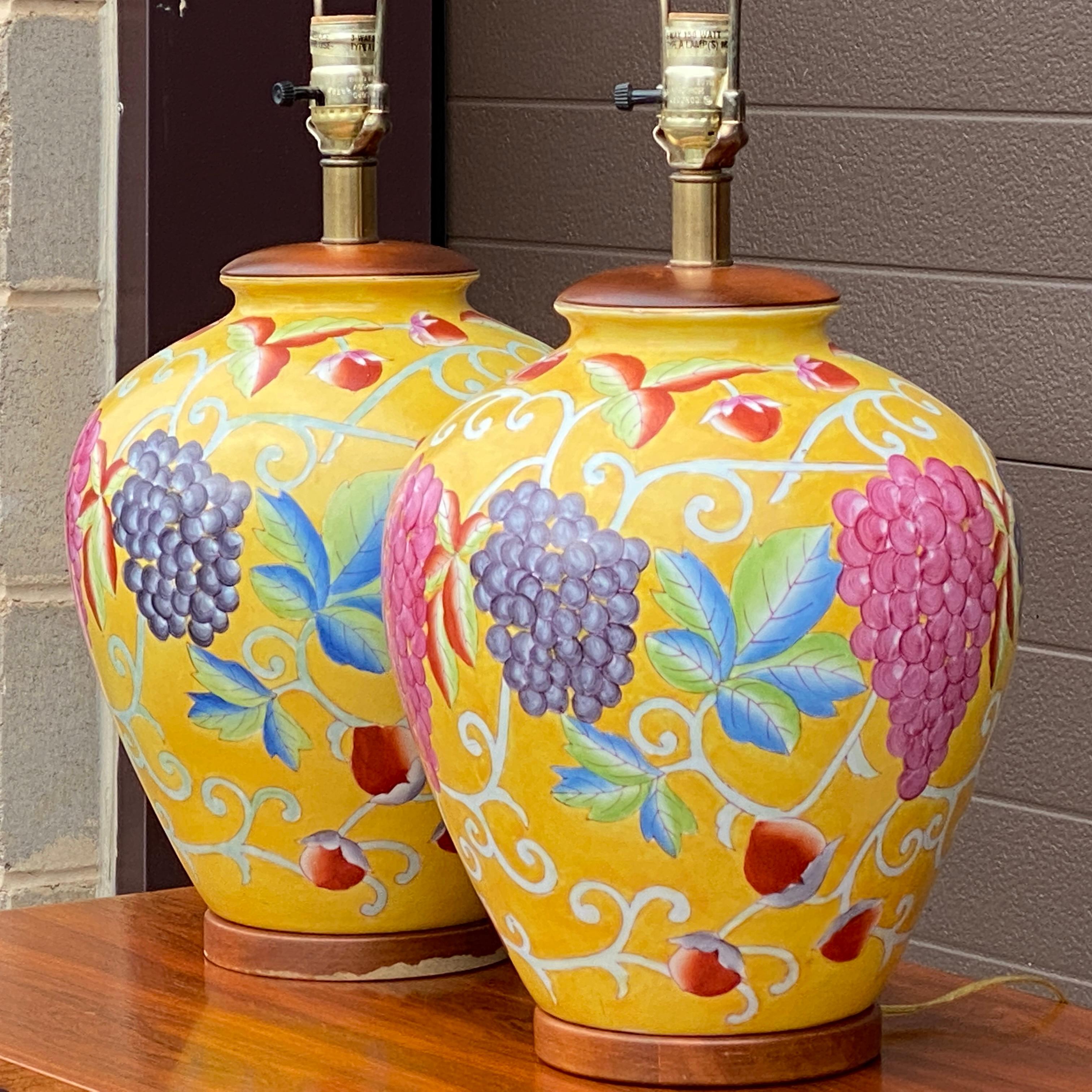 American Pair Hand Painted Fruit Motif Table Lamps by Tyndale of Chicago For Sale