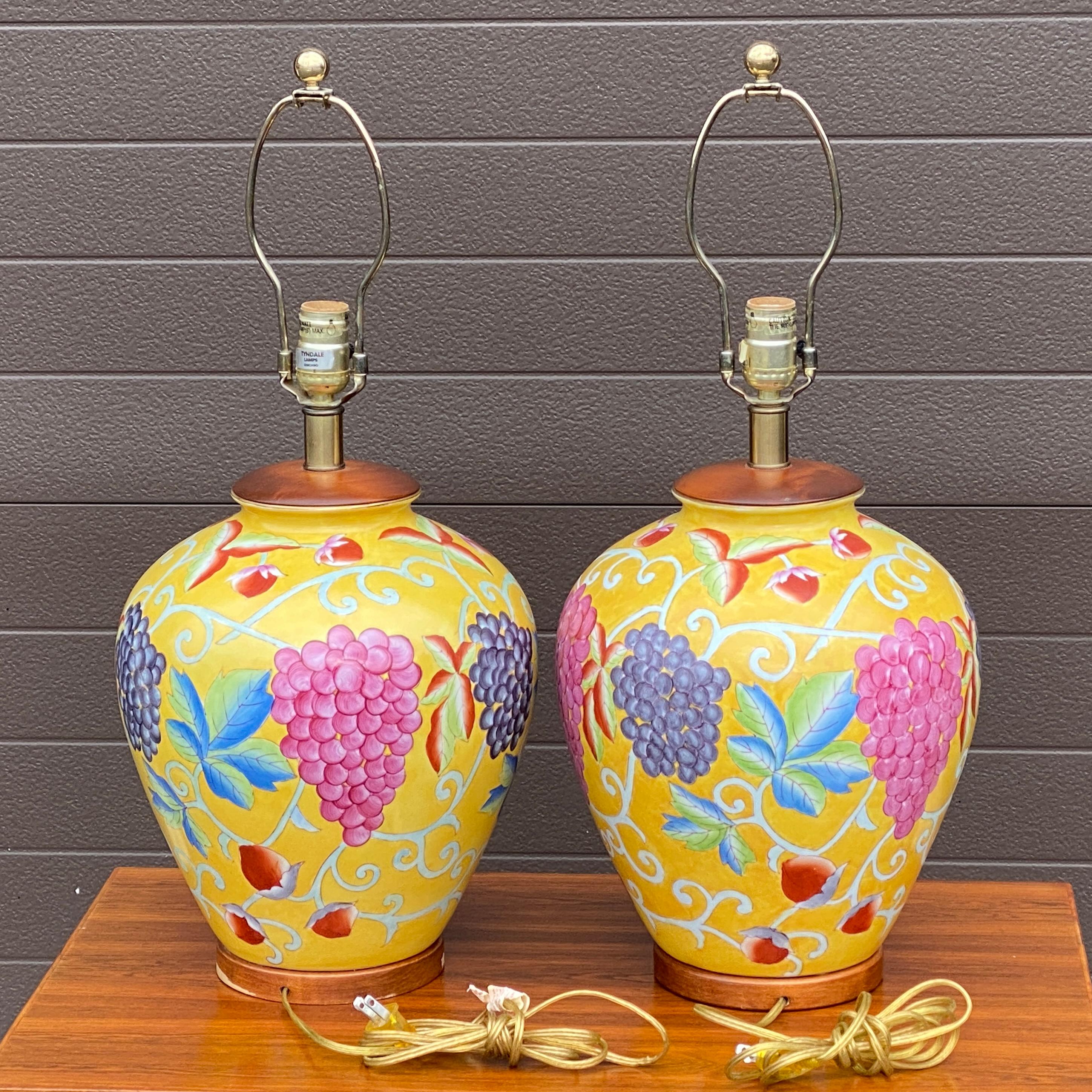 Pair Hand Painted Fruit Motif Table Lamps by Tyndale of Chicago For Sale 2