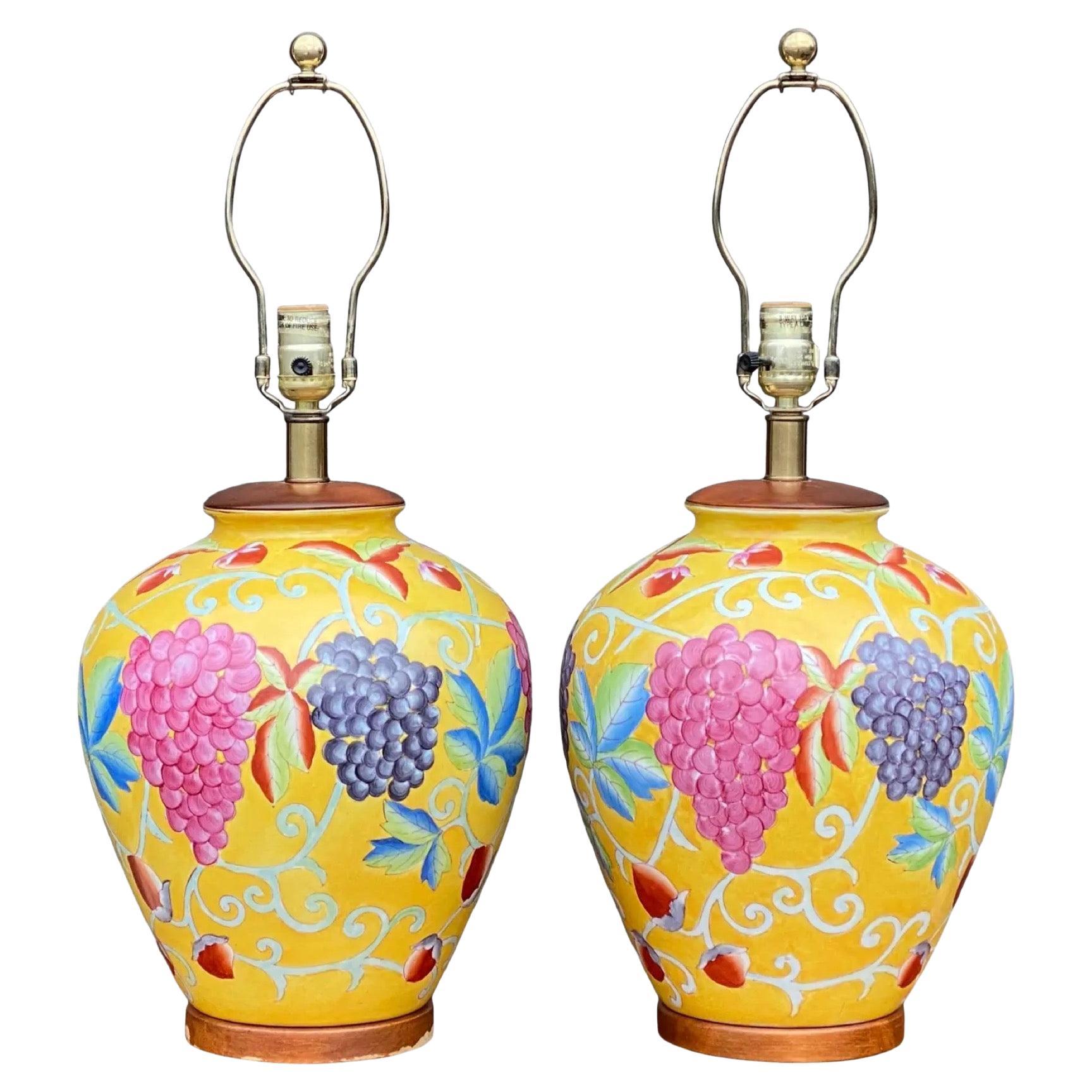 Pair Hand Painted Fruit Motif Table Lamps by Tyndale of Chicago