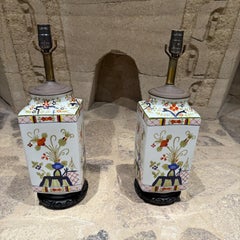 Pair Hand Painted Porcelain Chinese Lamps Kutani Revival Hollywood Regency