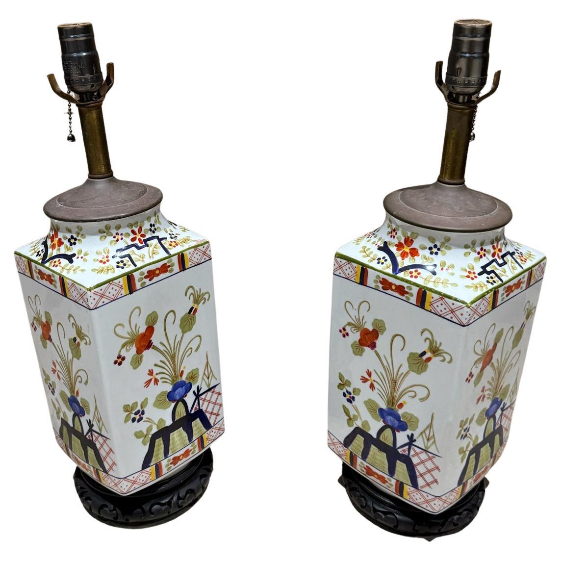 Pair Hand Painted Porcelain Chinese Lamps Kutani Revival For Sale