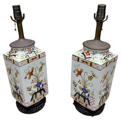 Pair Hand Painted Porcelain Chinese Lamps Kutani Revival