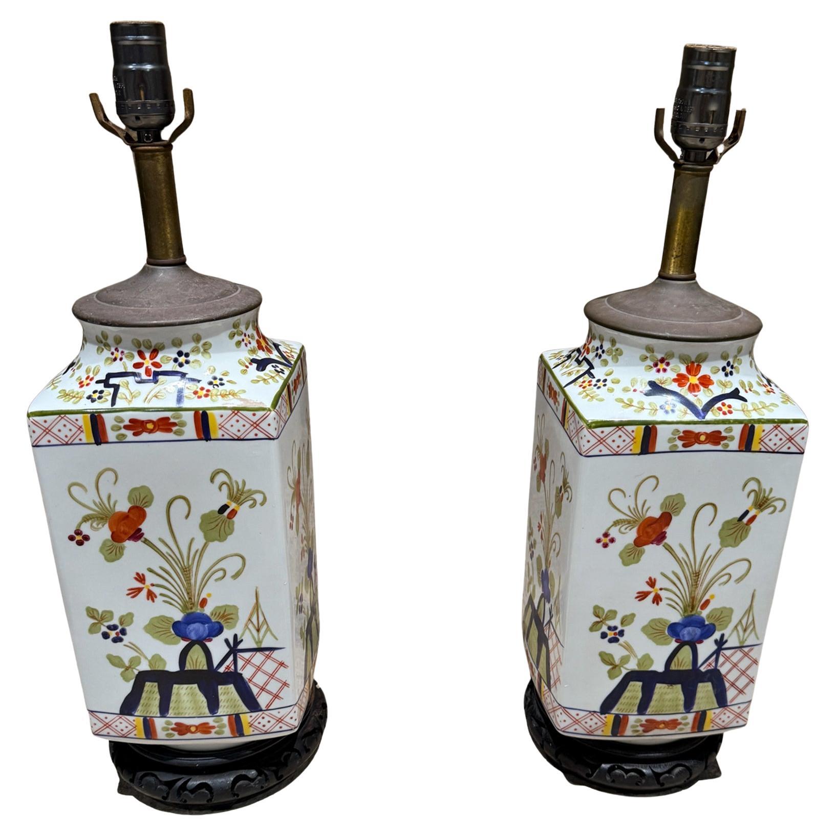 Pair Hand Painted Porcelain Chinese Lamps Kutani Revival Hollywood Regency