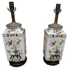 Pair Hand Painted Porcelain Chinese Lamps Kutani Revival Hollywood Regency