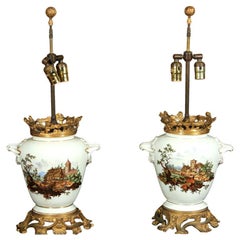Antique Pair Hand Painted Porcelain Lamps, Gilt Bronze Mounts