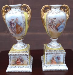 Pair Hand Painted Royal Vienna Porcelain Two-Handle Vases , Circa 1880s