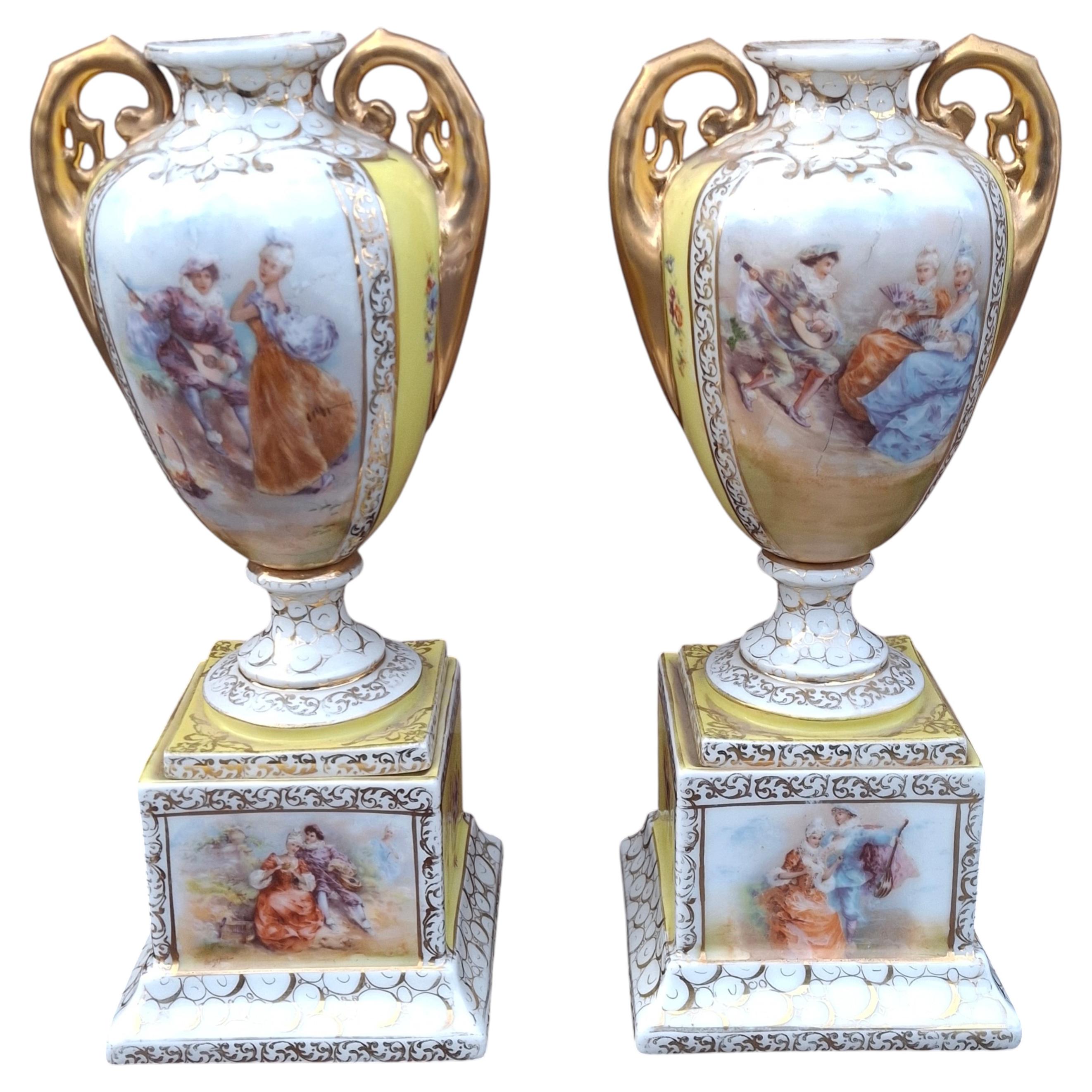 Pair Hand Painted Royal Vienna Porcelain Two-Handle Vases , Circa 1880s For Sale
