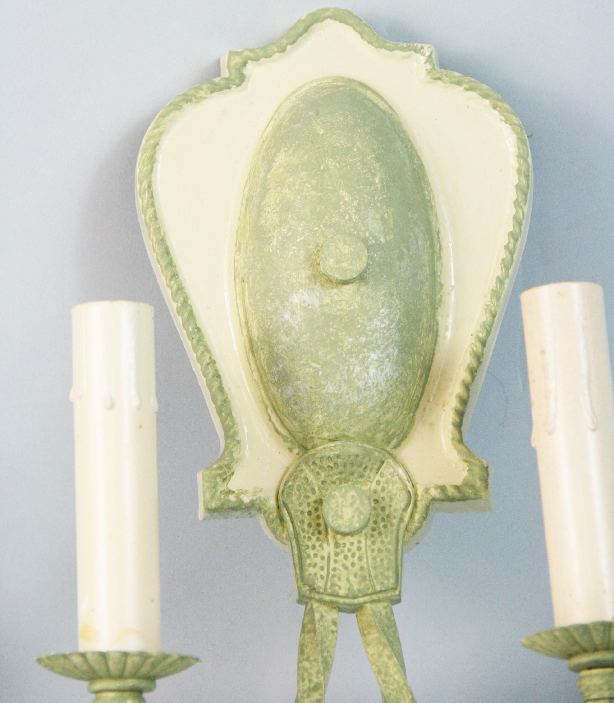 Pair Hand Painted Sage Green Two Light Sconces 1920's In Good Condition For Sale In Douglas Manor, NY
