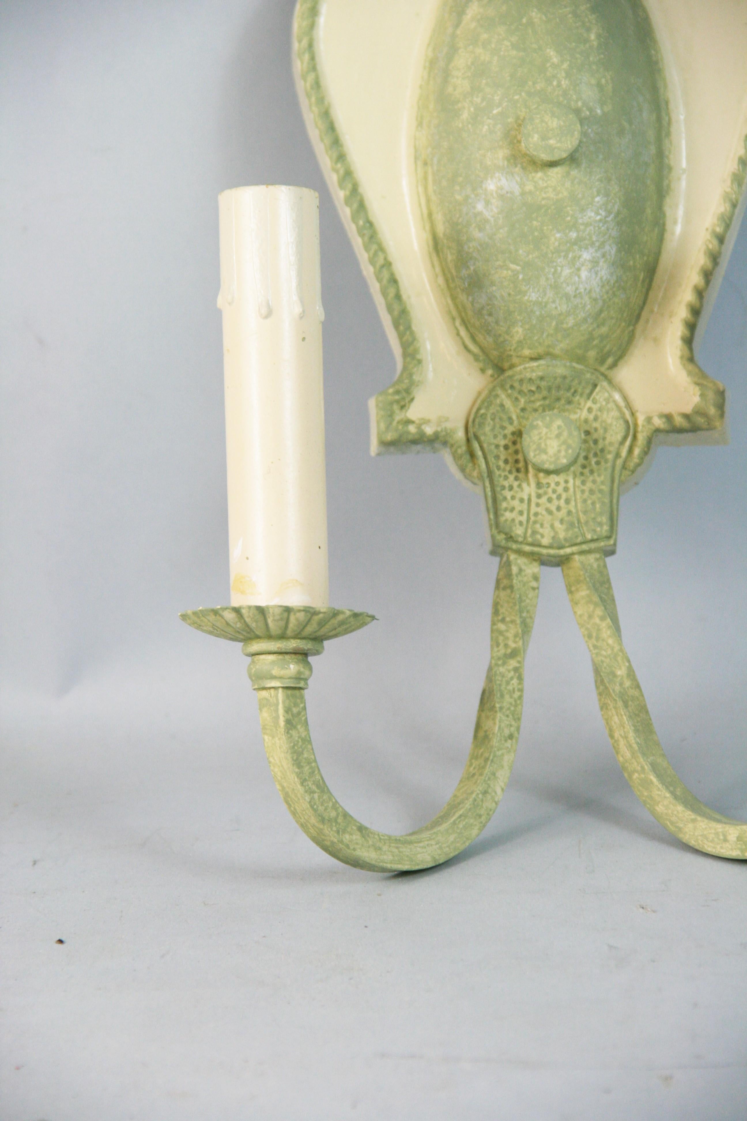 Early 20th Century Pair Hand Painted Sage Green Two Light Sconces 1920's For Sale