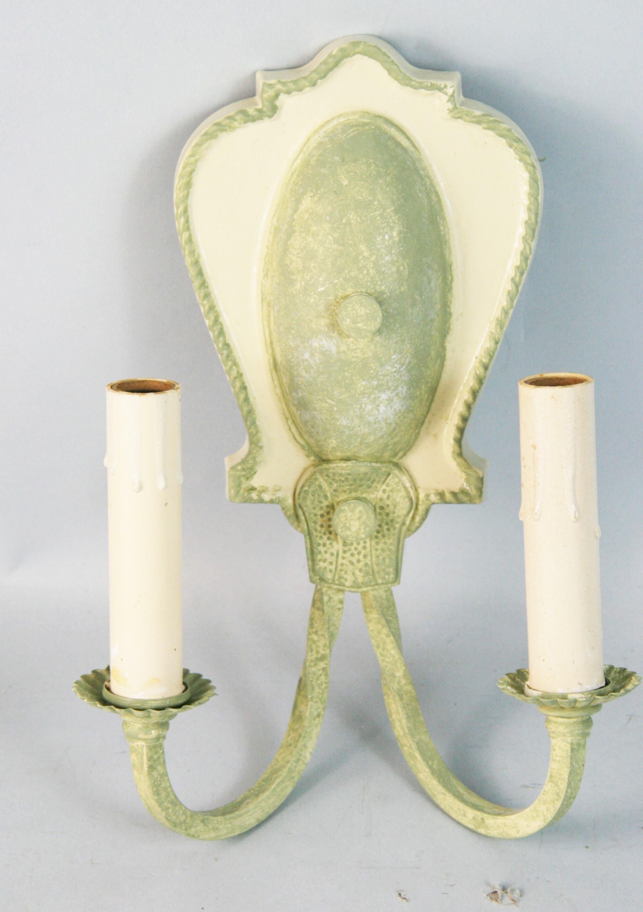 Brass Pair Hand Painted Sage Green Two Light Sconces 1920's For Sale