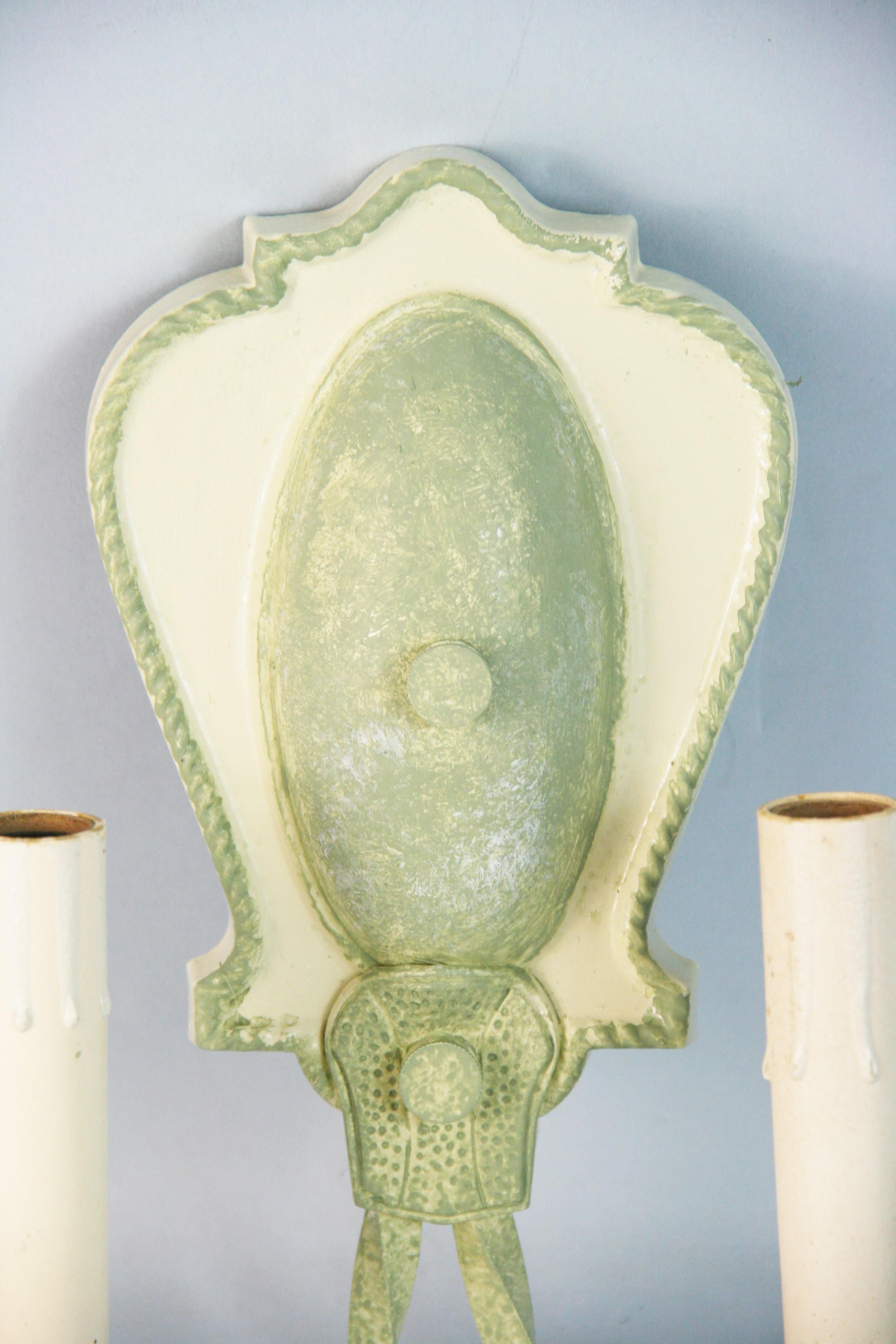 Pair Hand Painted Sage Green Two Light Sconces 1920's For Sale 1