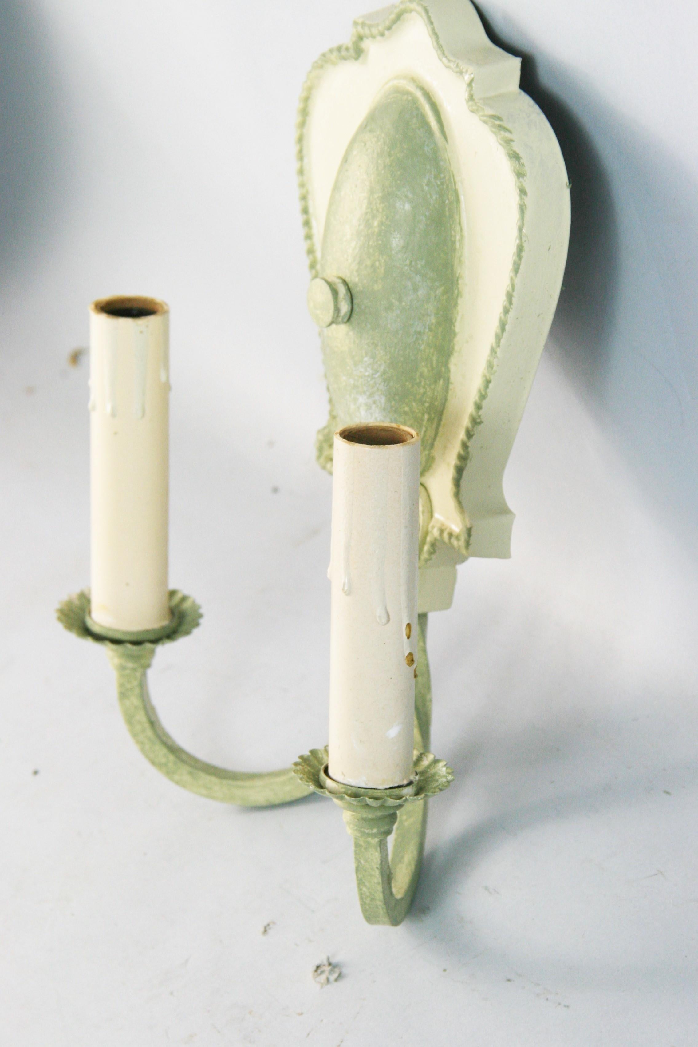 Pair Hand Painted Sage Green Two Light Sconces 1920's For Sale 2
