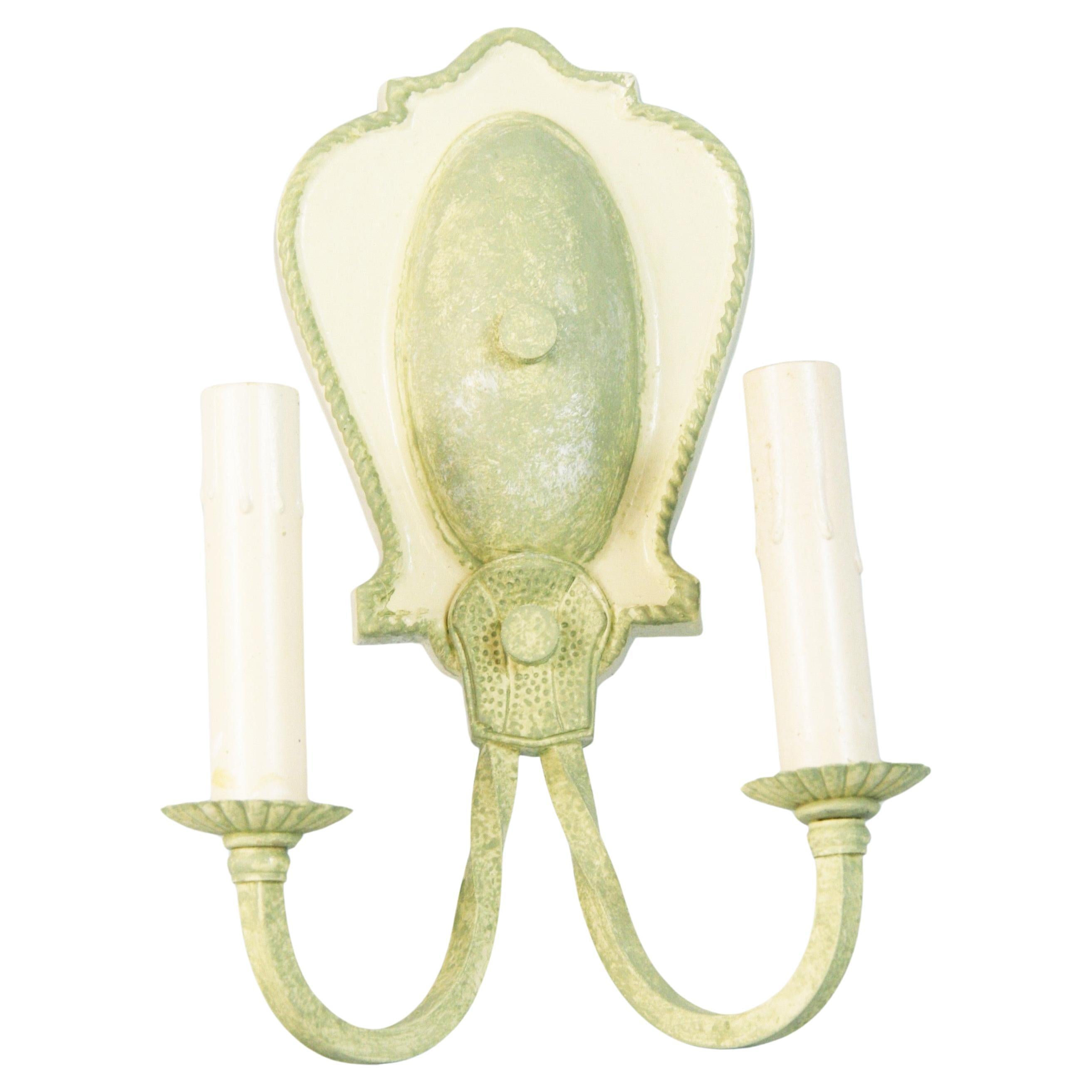 Pair Hand Painted Sage Green Two Light Sconces 1920's For Sale