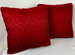 Pair Hand Stitched Exotic Floral Needlepoint Cushions/Pillows-Red Damask Backing