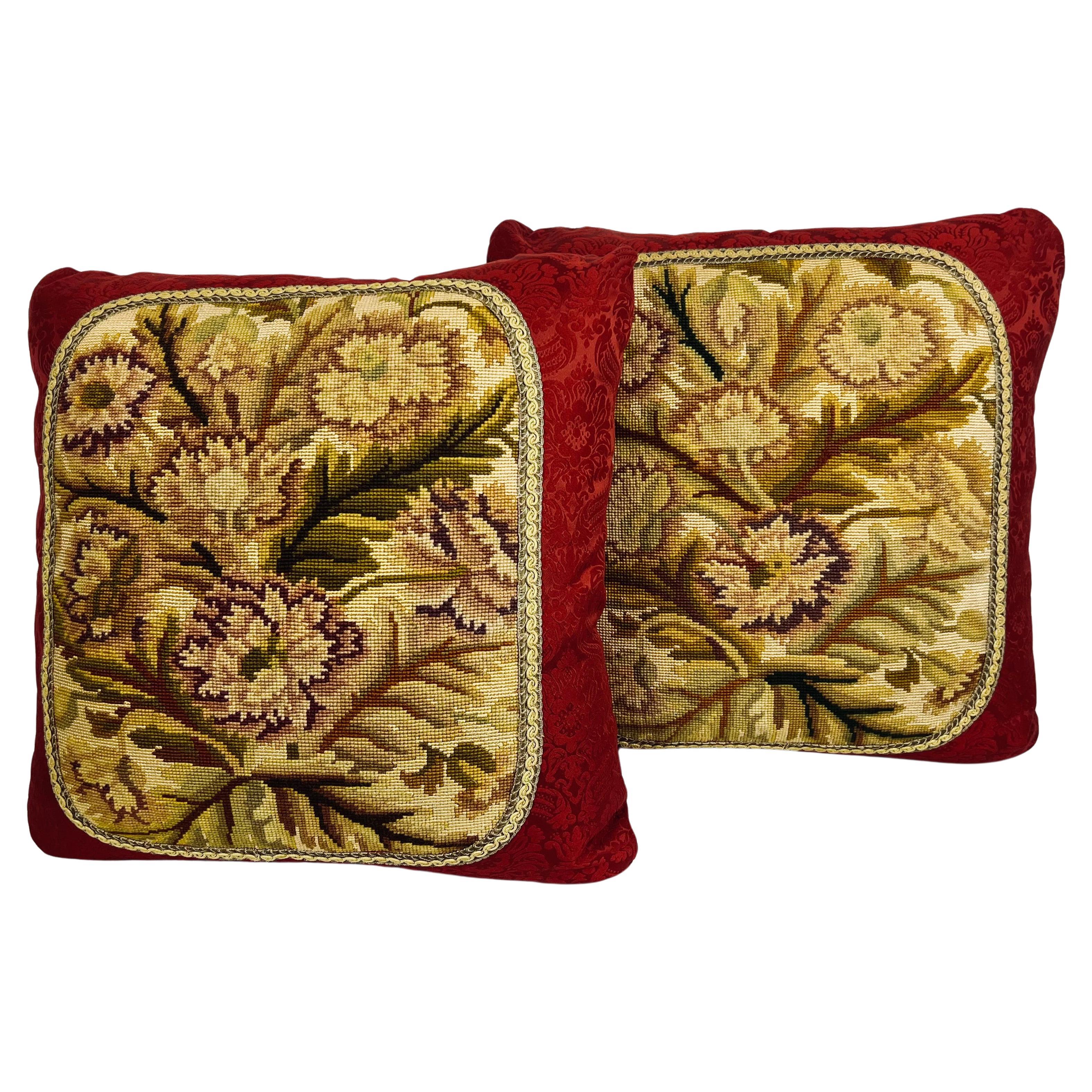 Pair Hand Stitched Exotic Floral Needlepoint Cushions/Pillows-Red Damask Backing
