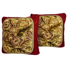 Pair Hand Stitched Exotic Floral Needlepoint Cushions/Pillows-Red Damask Backing