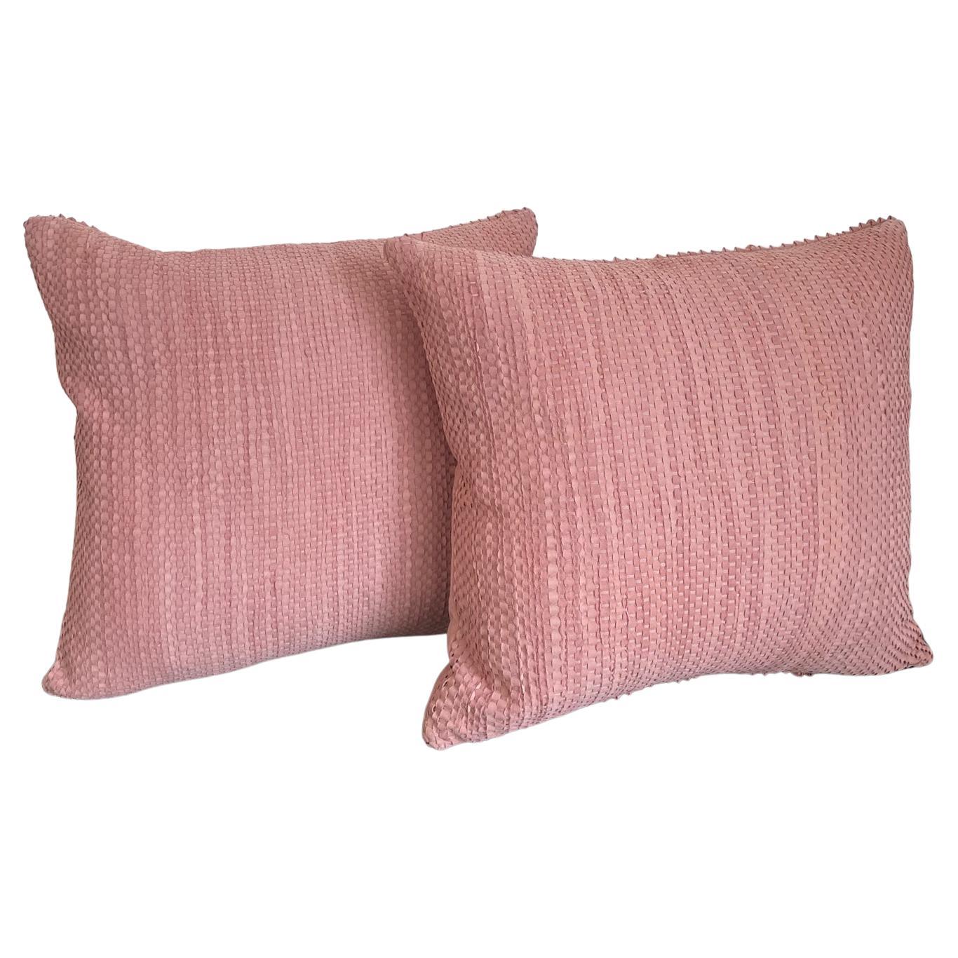 Pair Hand Woven Suede Cushions Color Pale Pink For Sale