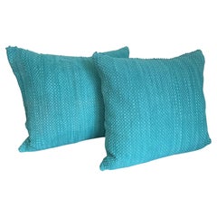 Pair Hand Woven Suede Cushions Color Turquoise