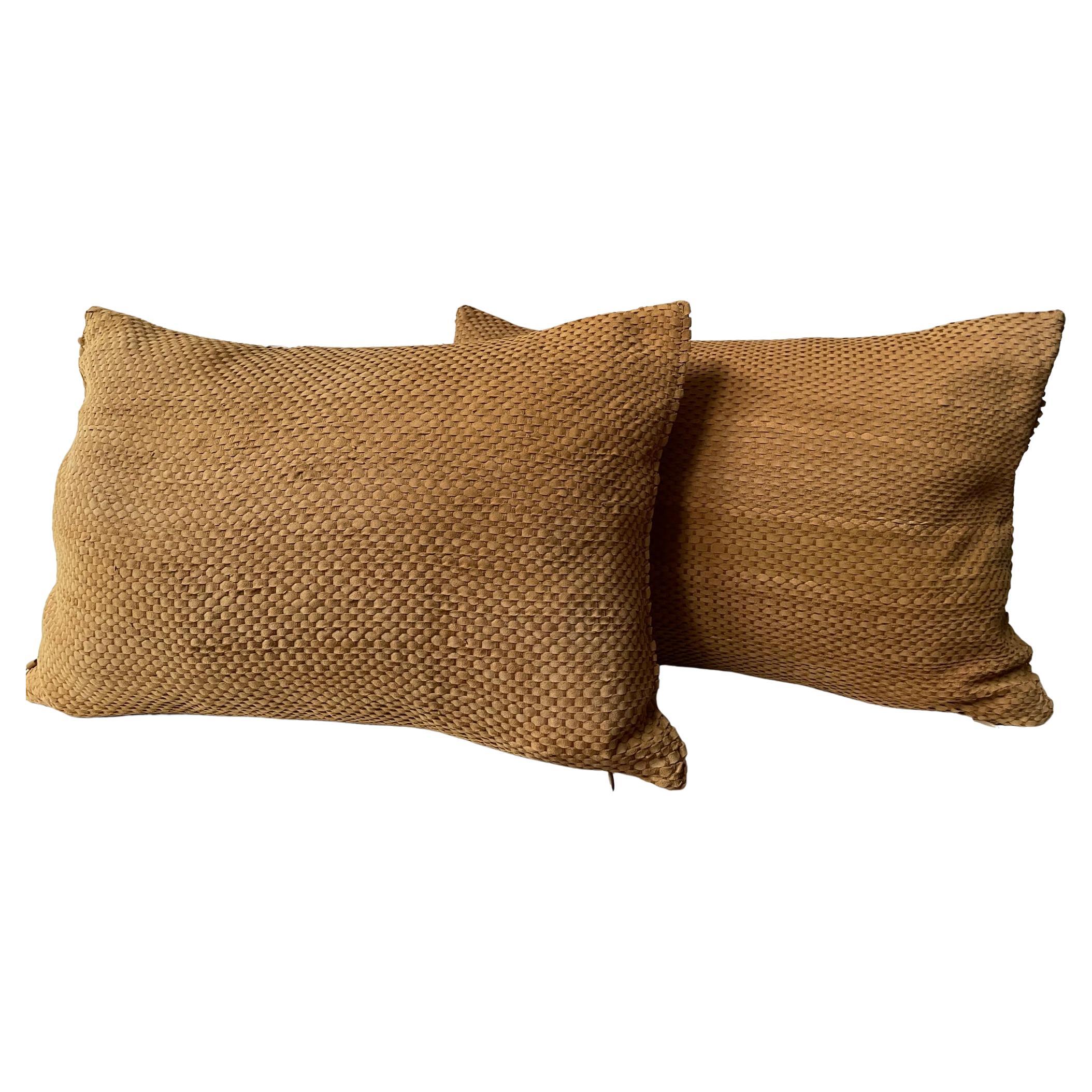 Pair Hand Woven Suede Cushions Colour Ginger Oblong Shape 