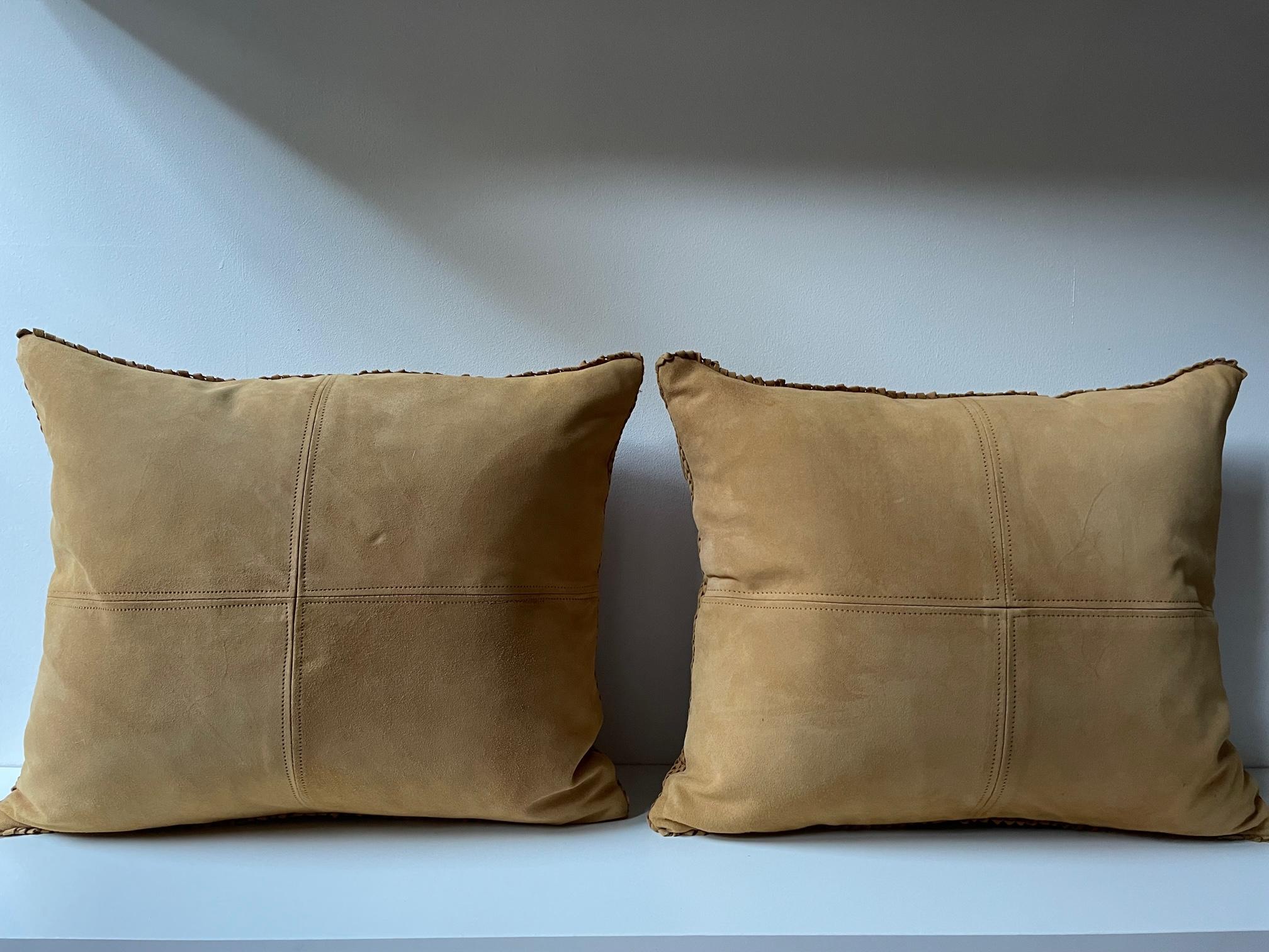 Modern Pair Hand Woven Suede Cushions Colour Ginger Square Shaped For Sale
