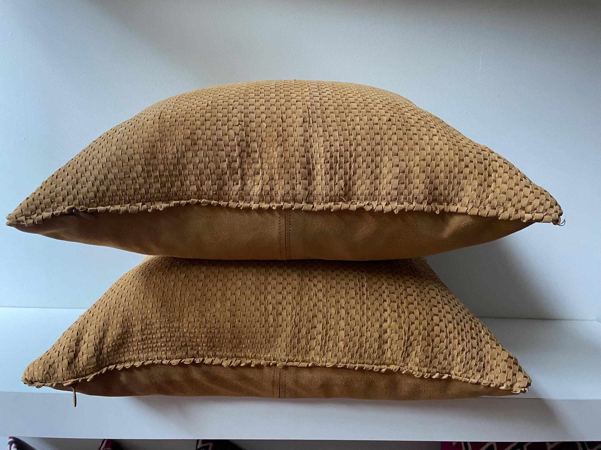 German Pair Hand Woven Suede Cushions Colour Ginger Square Shaped For Sale