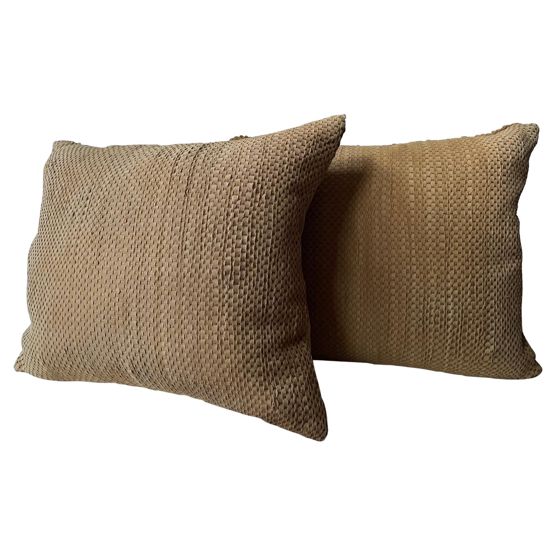 Pair Hand Woven Suede Cushions Colour Ginger Square Shaped For Sale