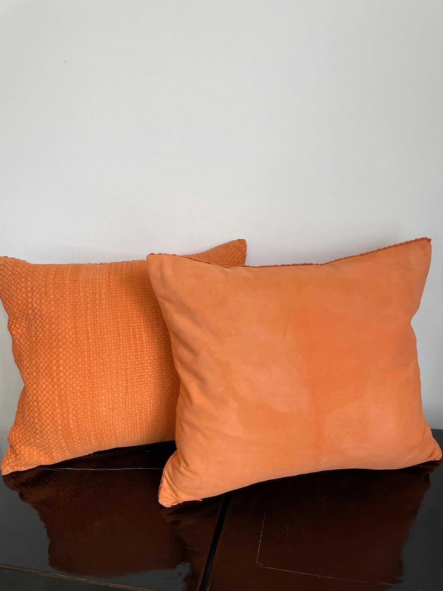 German Pair Hand Woven Suede Cushions Colour Mandarine Square Shaped For Sale