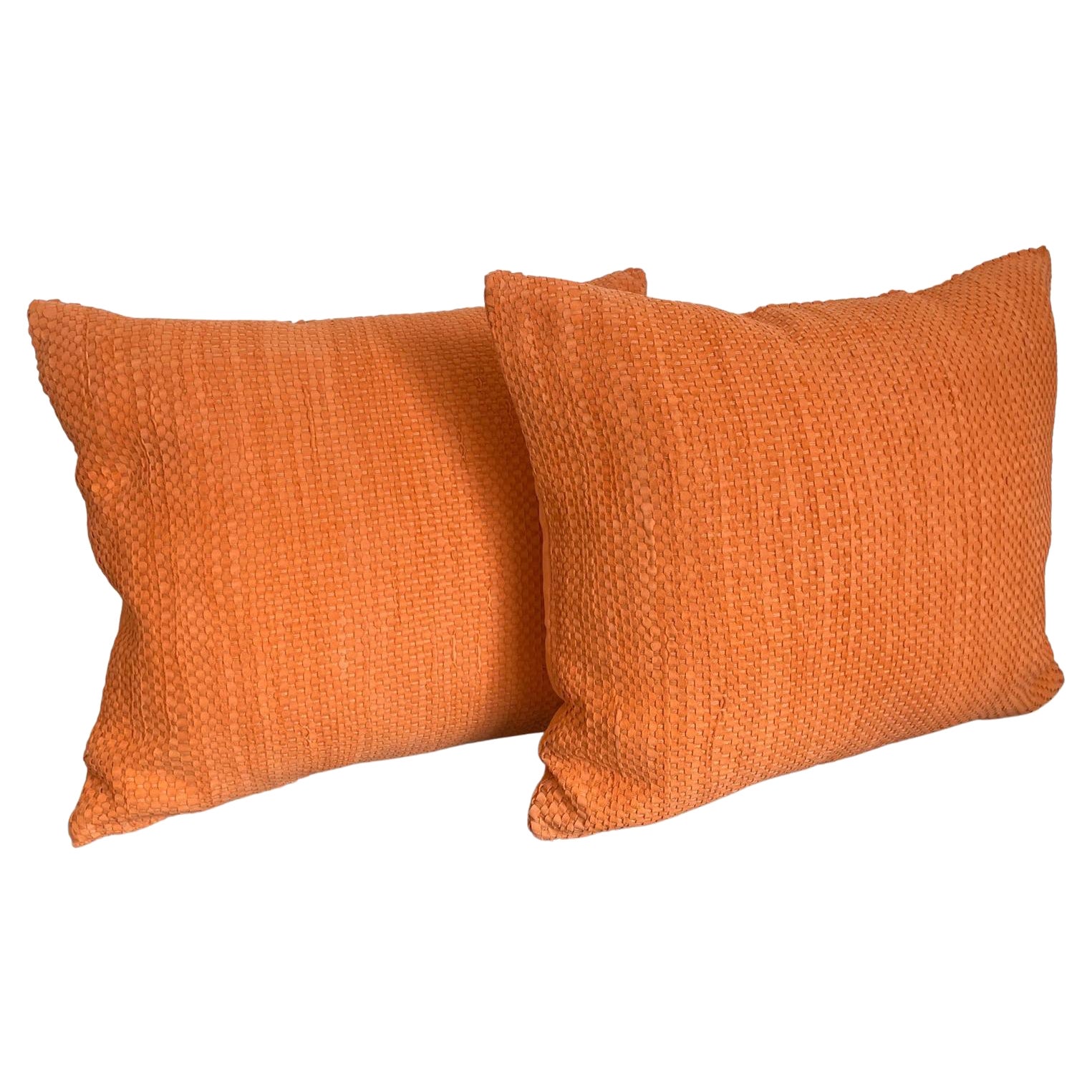 Pair Hand Woven Suede Cushions Colour Mandarine Square Shaped For Sale