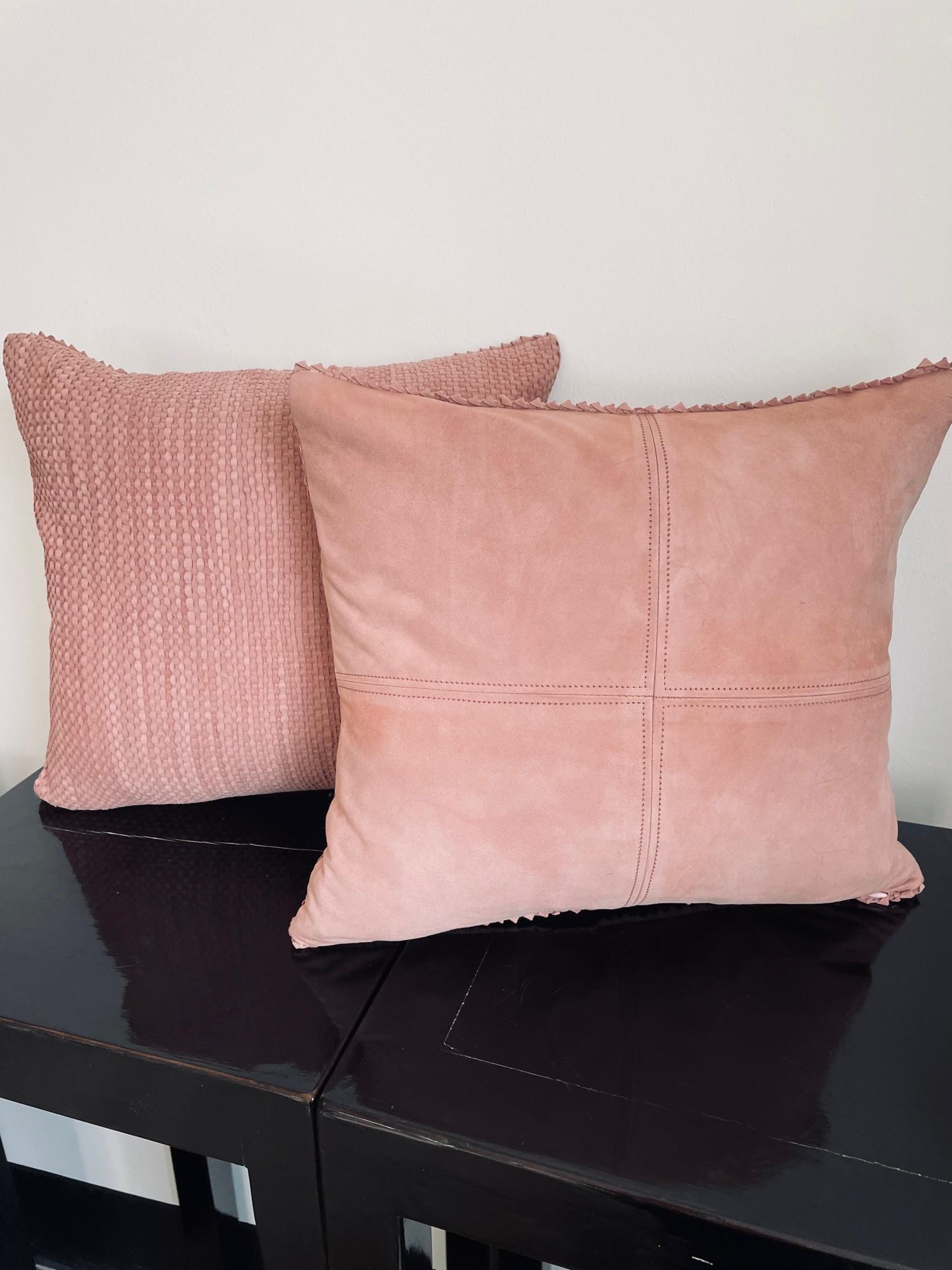 Modern Pair Hand Woven Suede Cushions Colour Pale Pink Square Shaped