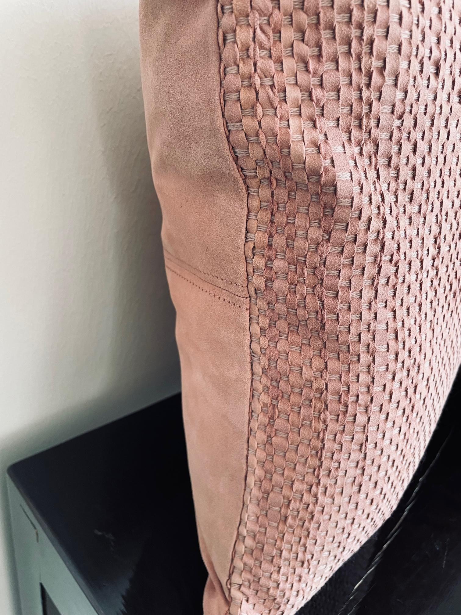 Hand-Woven Pair Hand Woven Suede Cushions Colour Pale Pink Square Shaped