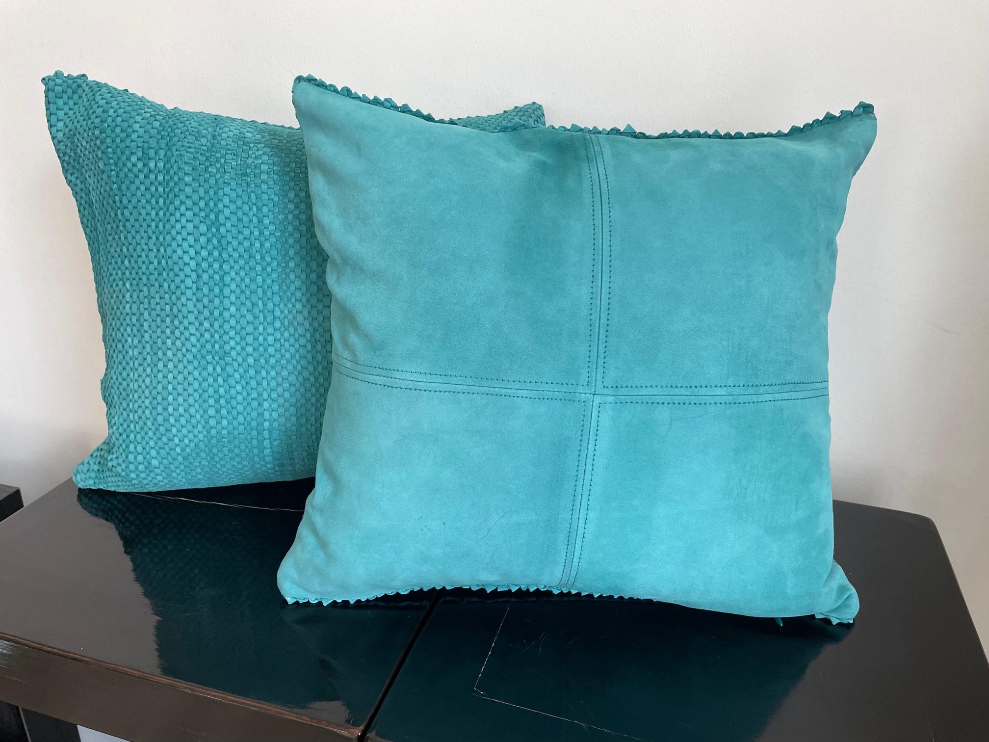 German Pair Hand Woven Suede Cushions Colour Turquoise Square Shaped For Sale