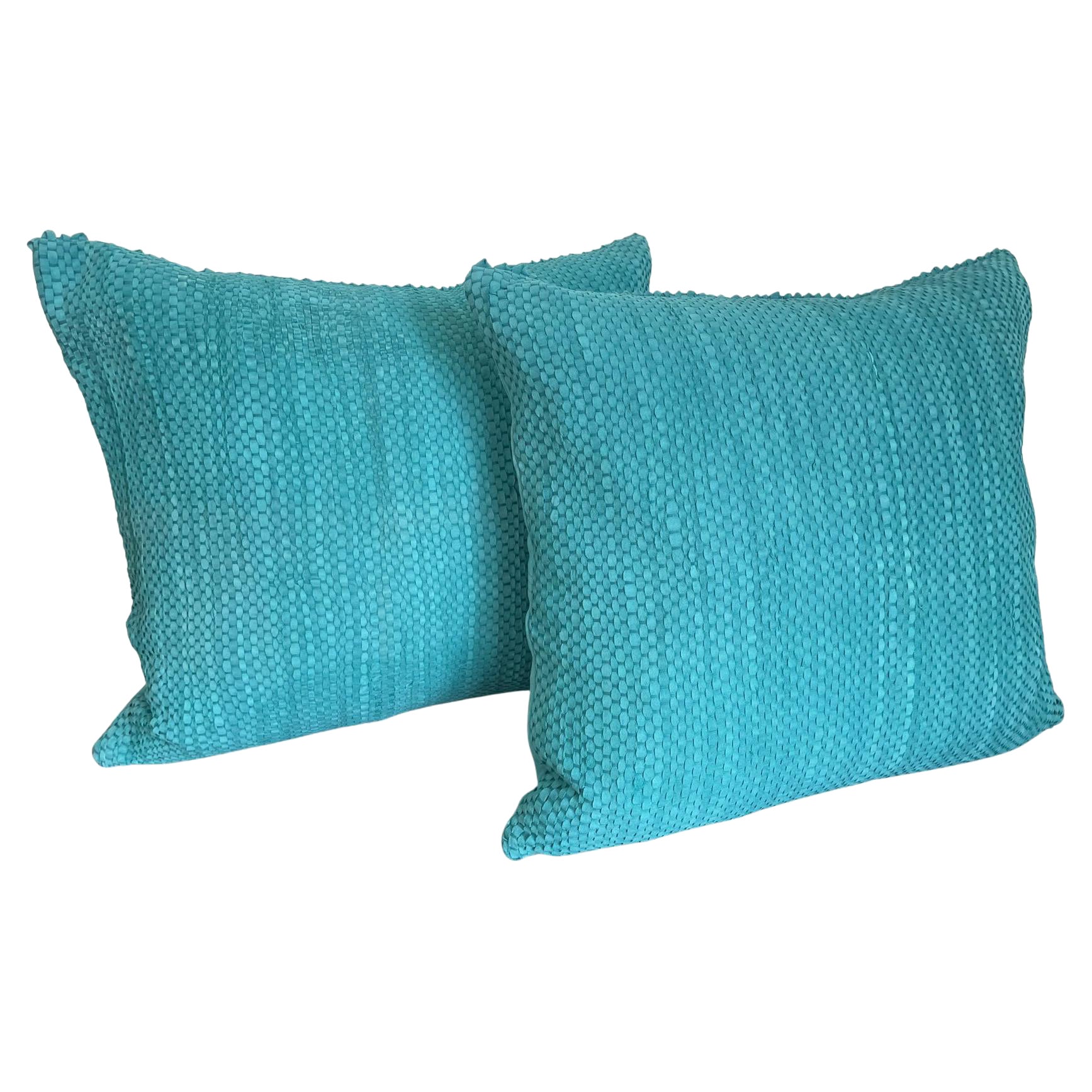 Pair Hand Woven Suede Cushions Colour Turquoise Square Shaped For Sale