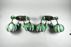 Pair Handel Floral Form Wall Sconces, Green And White Glass