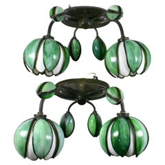 Pair Handel Floral Form Wall Sconces, Green And White Glass