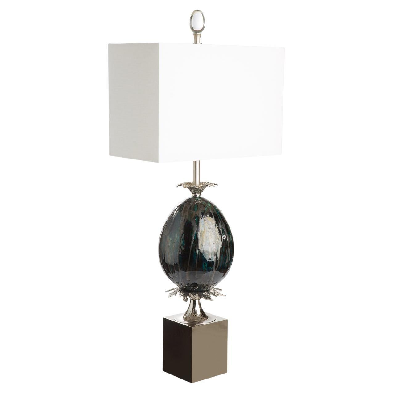 Paar handgefertigte Tischlampen aus Bronze und Keramik, poliertes Nickel und mehrfarbige Glasur, poliertes Nickel (Gegossen) im Angebot