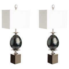 Pair Handmade Bronze & Ceramic Table lamps Polished Nickel & Multicolour Glaze