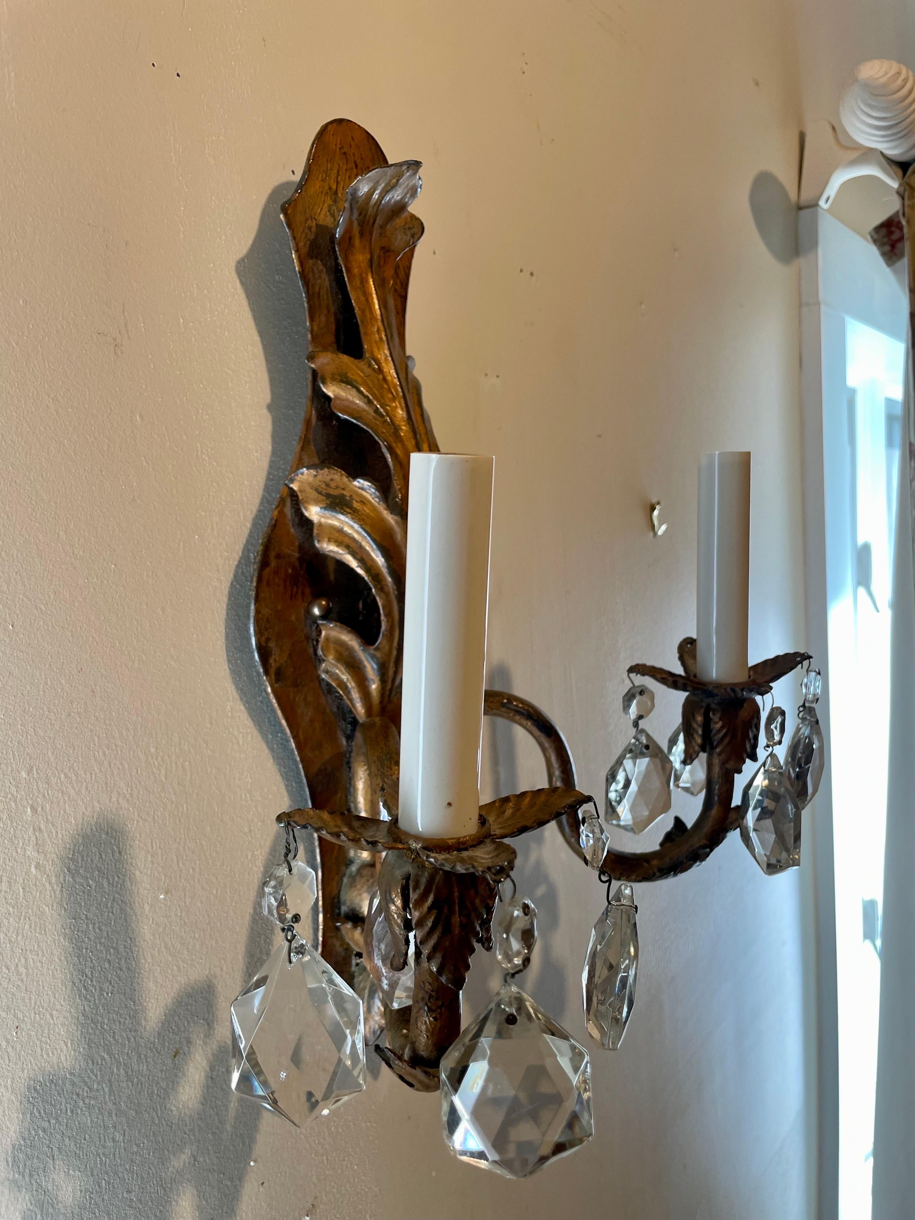 Pair Handmade Gilt Iron And Crystal Sconces Two Pairs Available For Sale 7