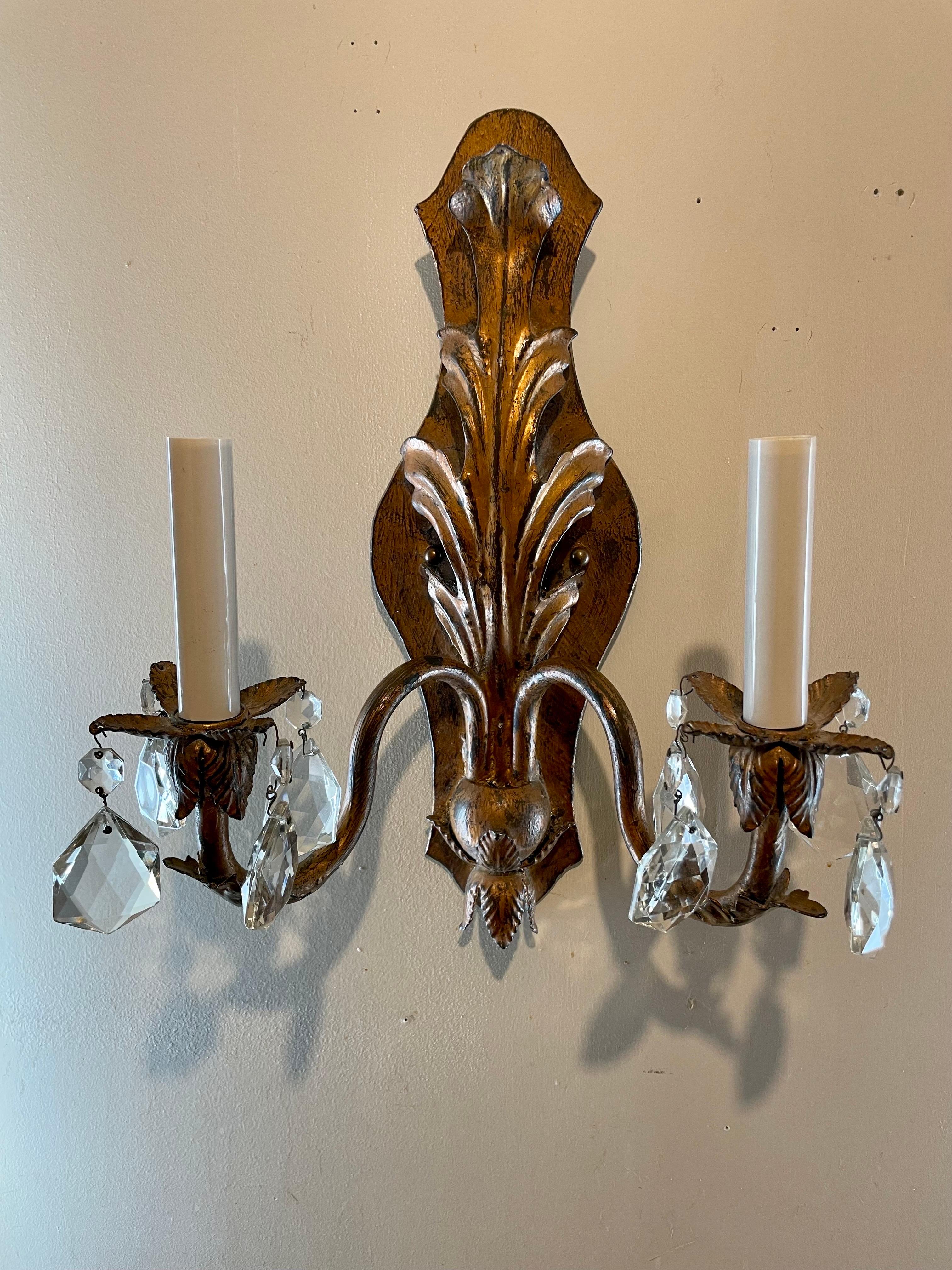 Pair Handmade Gilt Iron And Crystal Sconces Two Pairs Available For Sale 11