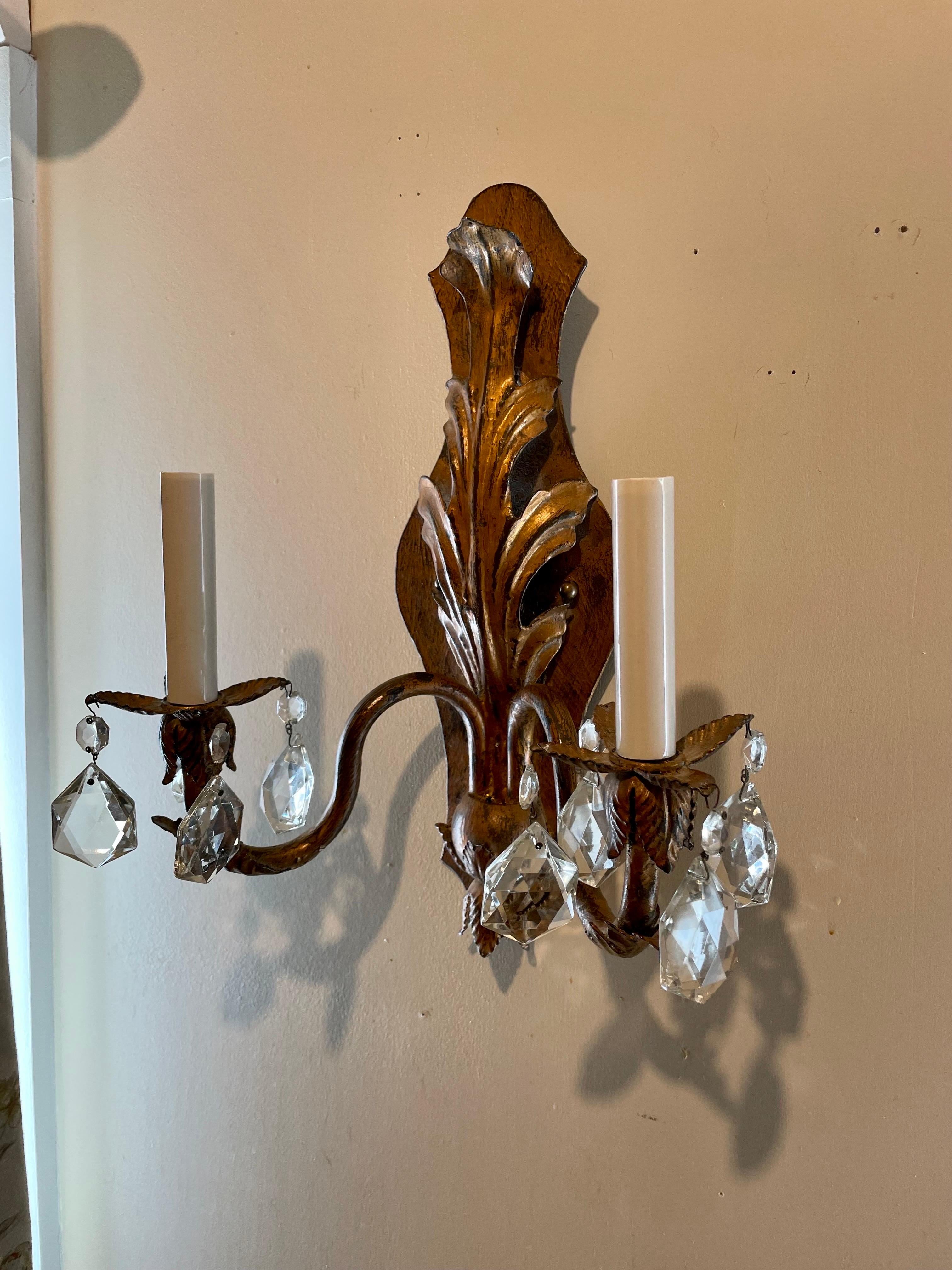 Pair Handmade Gilt Iron And Crystal Sconces Two Pairs Available For Sale 12