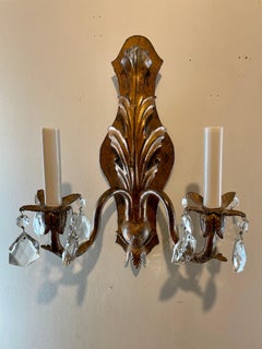Pair Handmade Gilt Iron And Crystal Sconces Two Pairs Available