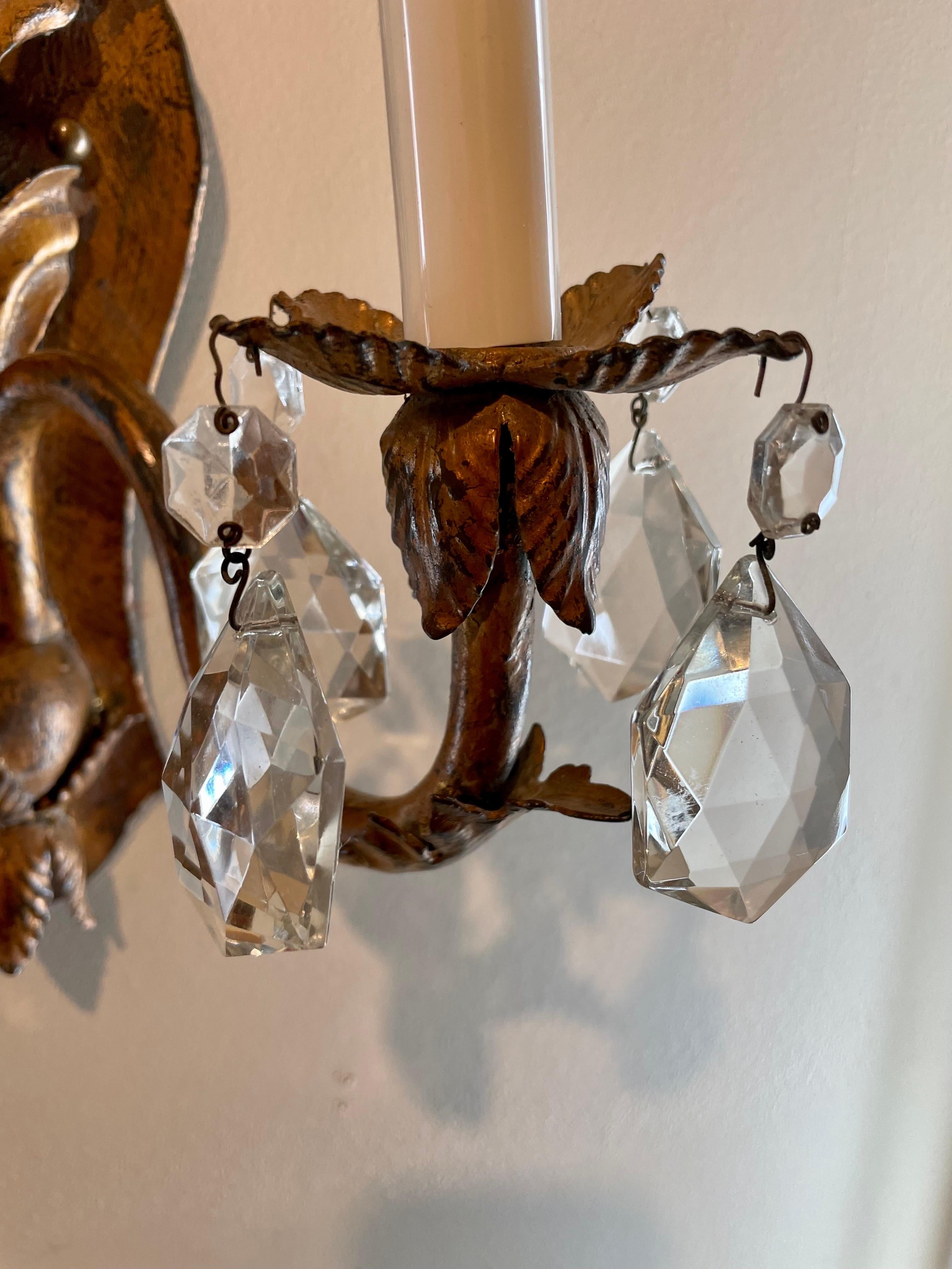 Pair Handmade Gilt Iron And Crystal Sconces Two Pairs Available For Sale 3