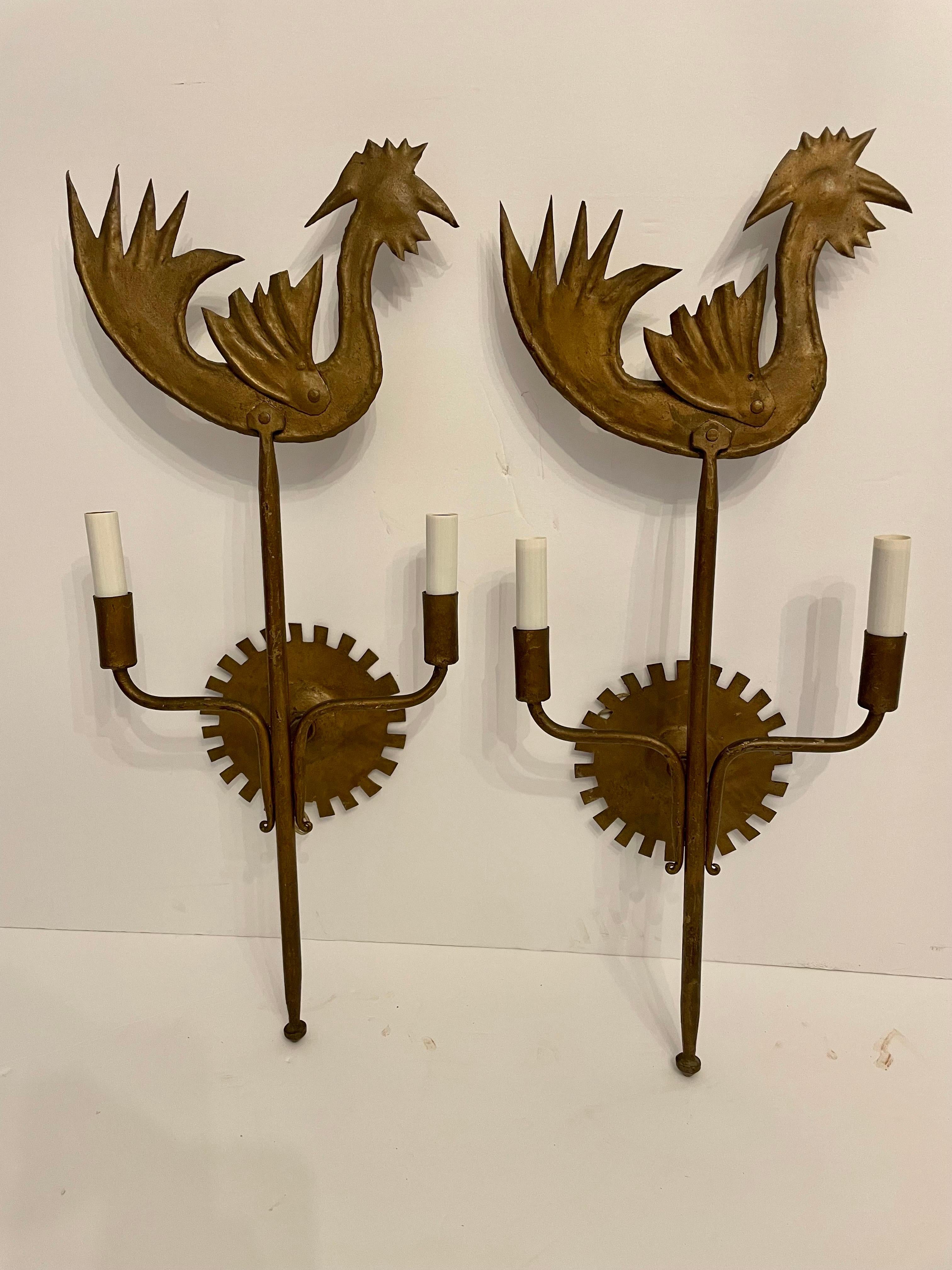 Pair Handmade Gilt Iron Rooster Sconces 8