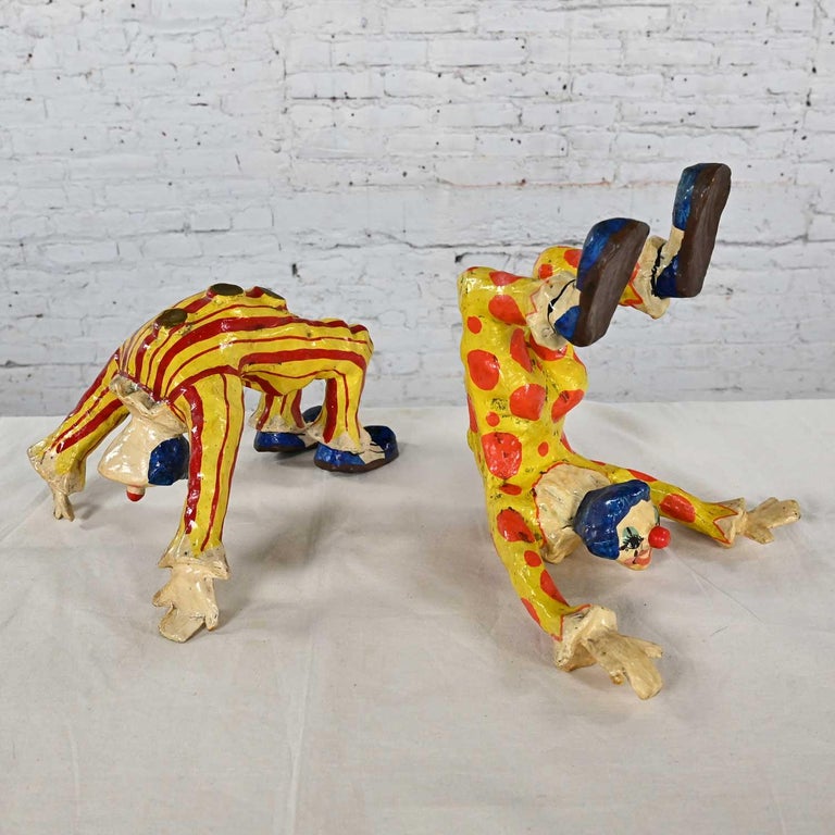 Pair Handmade Painted Acrobatic Papier Mache Clowns Mexico Attr Jeanne Valentine For Sale 8