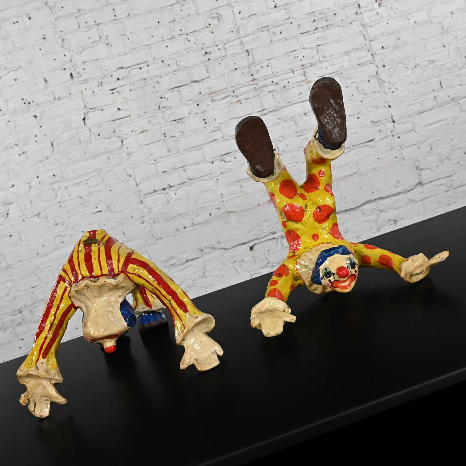 Pair Handmade Painted Acrobatic Papier Mache Clowns Mexico Attr Jeanne Valentine For Sale 6